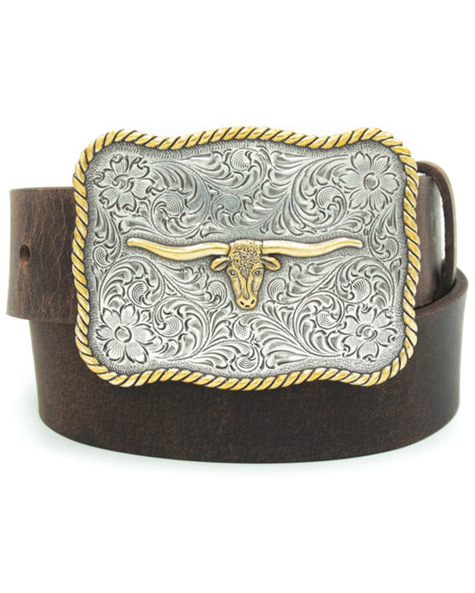 Boys' Scalloped Longhorn Buckle Belt Brown
