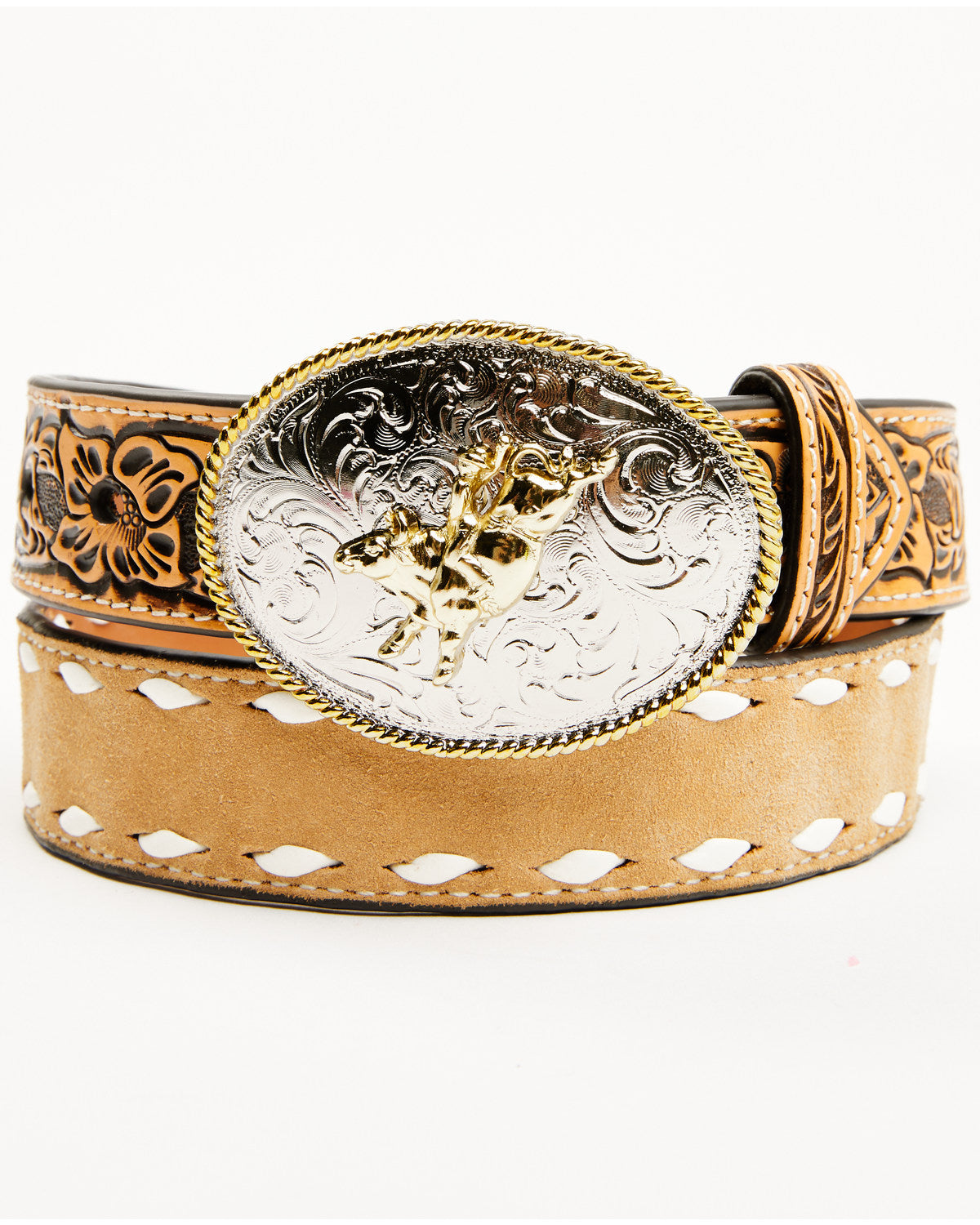 Boys' Tooled Tab Bull Rider Western Belt Tan