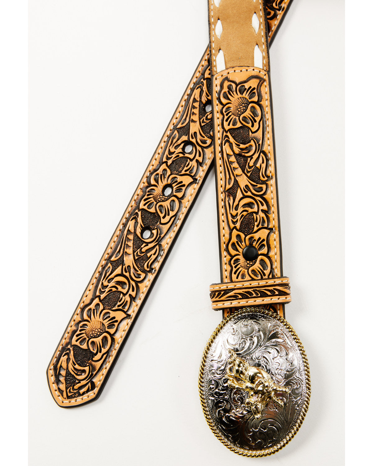 Boys' Tooled Tab Bull Rider Western Belt Tan