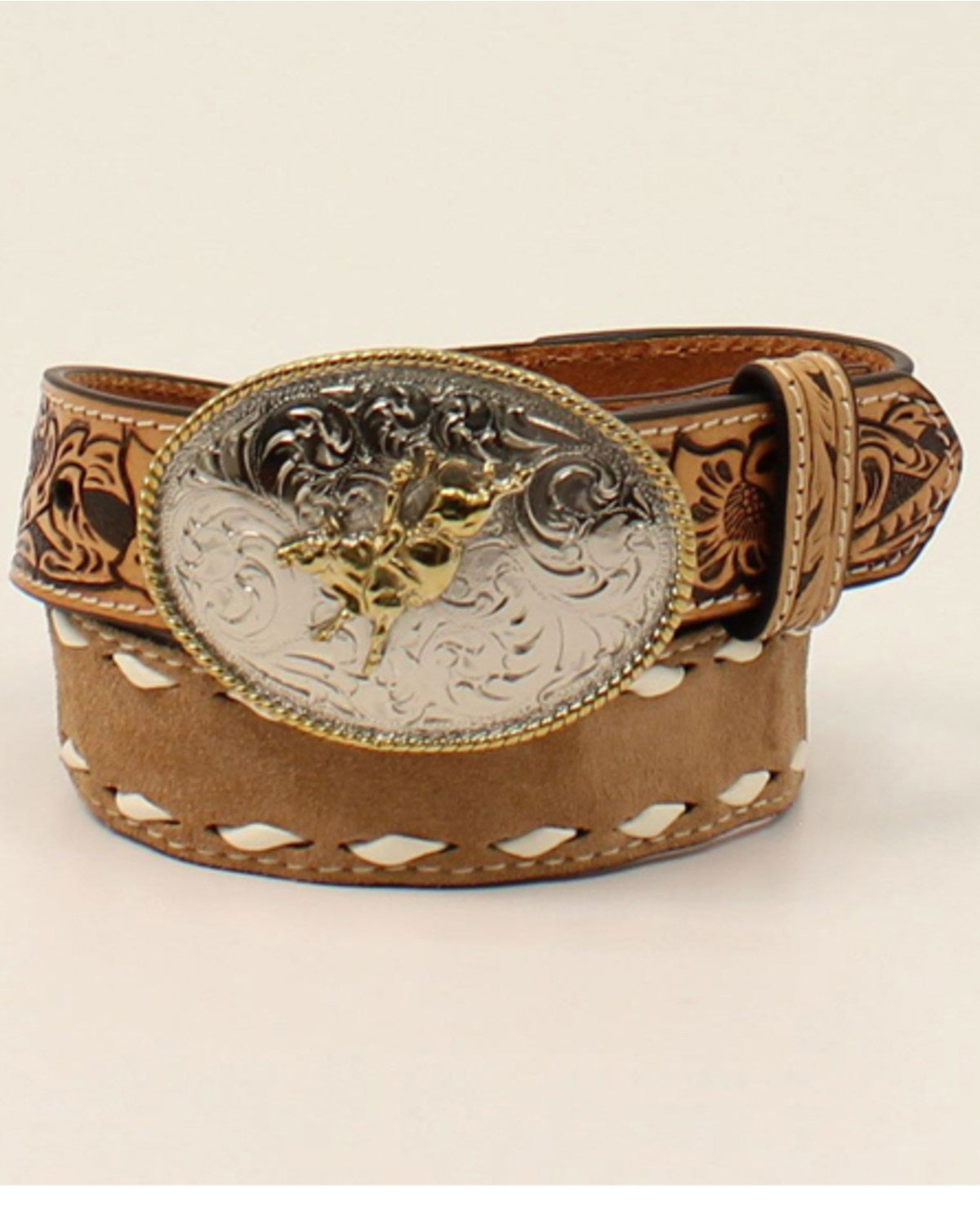 Boys' Tooled Tab Bull Rider Western Belt Tan