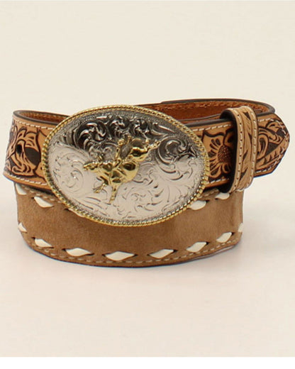 Boys' Tooled Tab Bull Rider Western Belt Tan