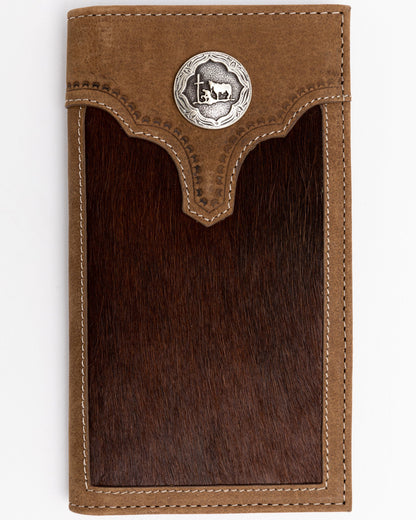 Men's Hair On Praying Cowboy Leather Checkbook Wallet Brown