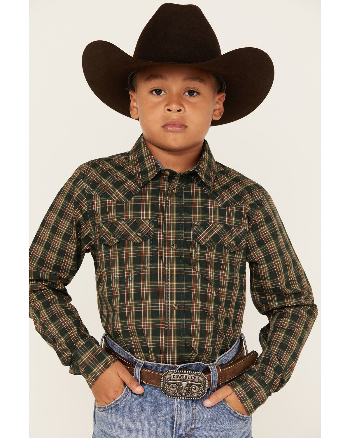 Boys' Douglas Fir Plaid Print Long Sleeve Snap Western Shir Green
