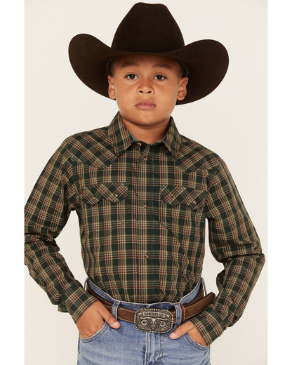 Boys' Douglas Fir Plaid Print Long Sleeve Snap Western Shir Green