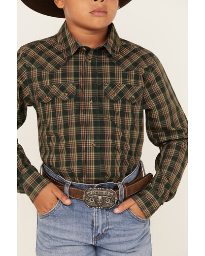 Boys' Douglas Fir Plaid Print Long Sleeve Snap Western Shir Green