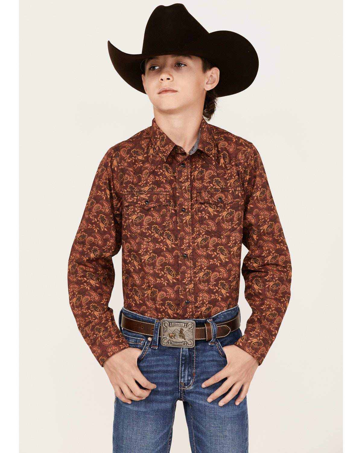Boys' Paisley Print Long Sleeve Western Snap Shirt Burgundy