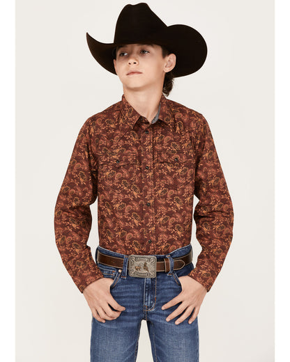 Boys' Paisley Print Long Sleeve Western Snap Shirt Burgundy