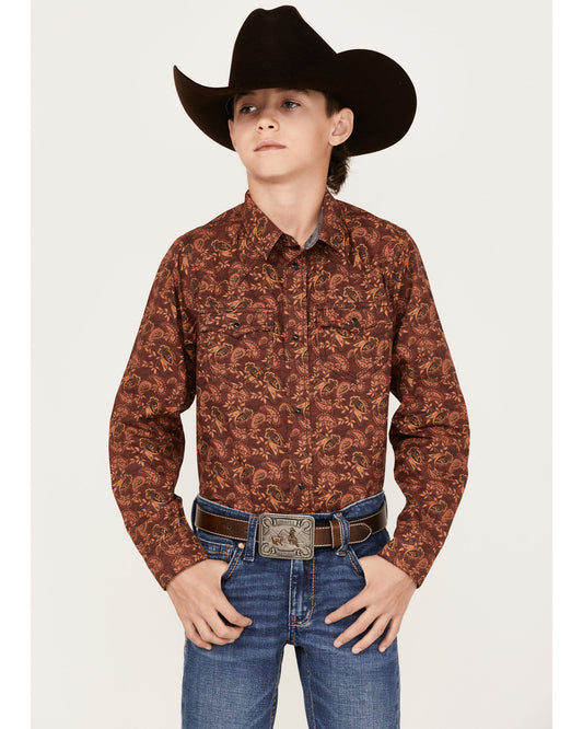 Boys' Paisley Print Long Sleeve Western Snap Shirt Burgundy