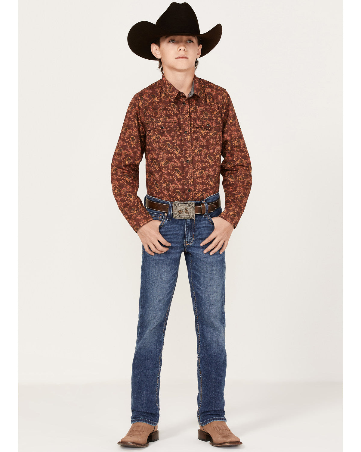 Boys' Paisley Print Long Sleeve Western Snap Shirt Burgundy