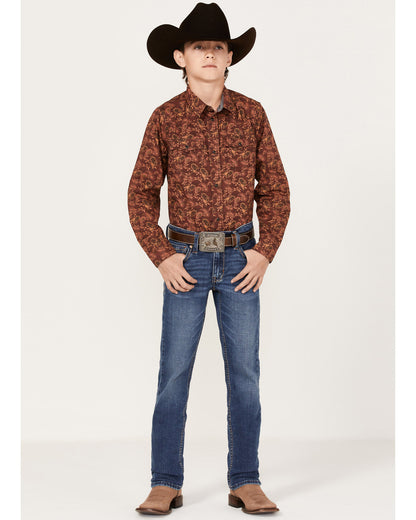 Boys' Paisley Print Long Sleeve Western Snap Shirt Burgundy