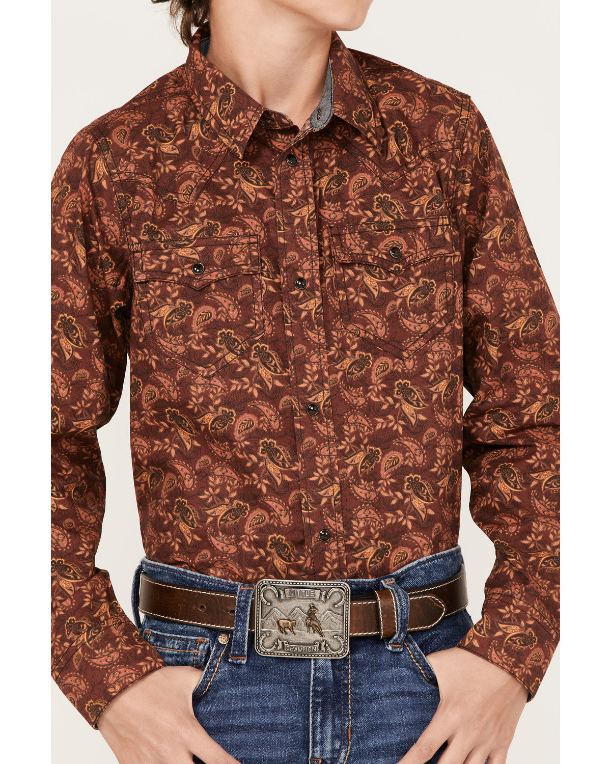 Boys' Paisley Print Long Sleeve Western Snap Shirt Burgundy