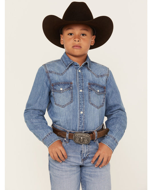 Boys' Cave Creek Long Sleeve Pearl Snap Western Denim Shirt Medium Wash