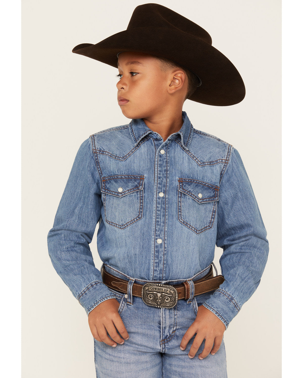Boys' Cave Creek Long Sleeve Pearl Snap Western Denim Shirt Medium Wash