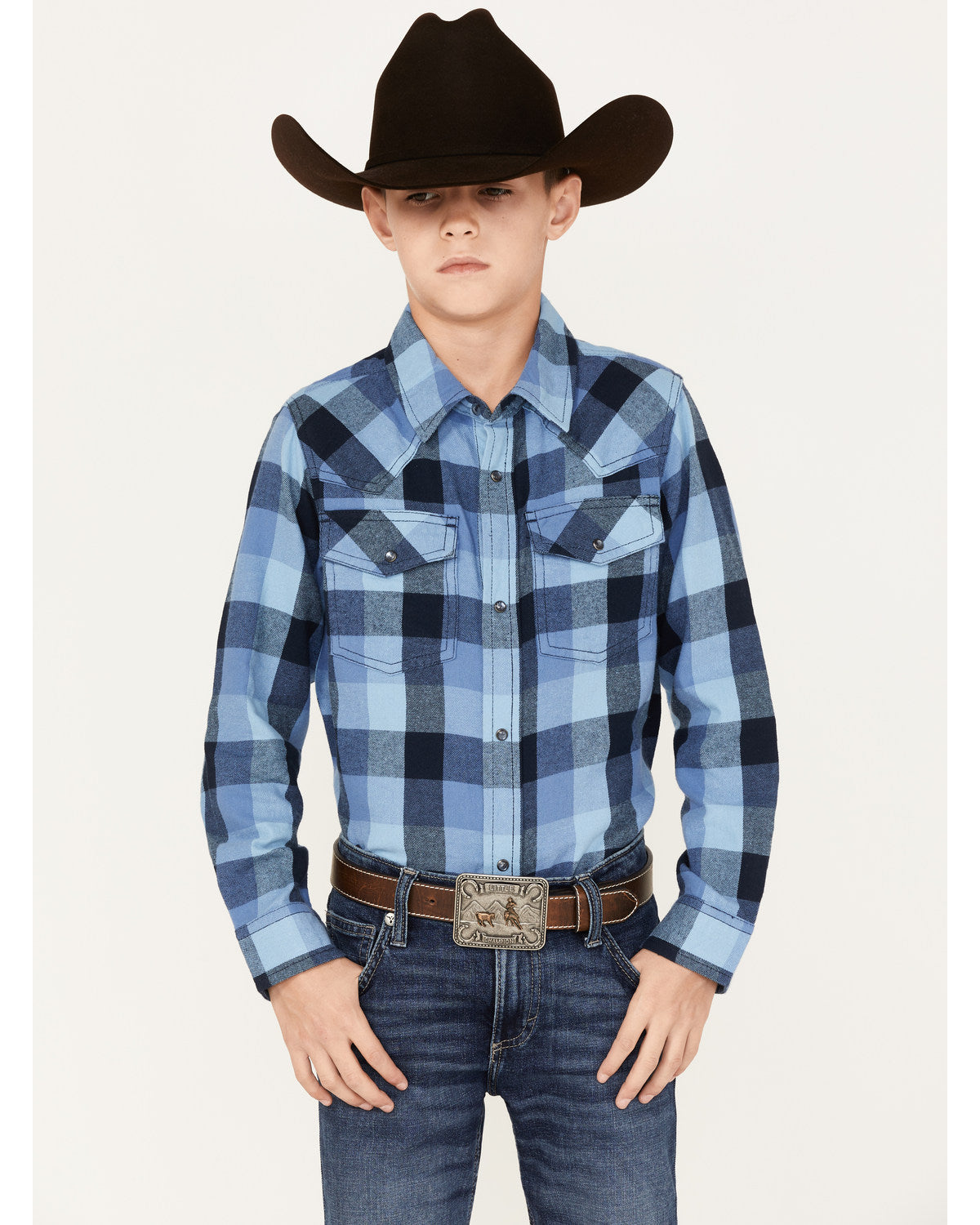 Boys' Plaid Print Long Sleeve Snap Western Flannel Shirt Navy