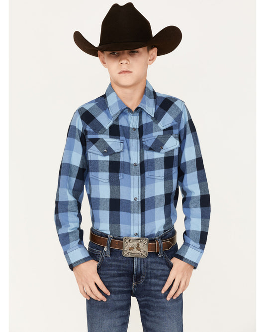 Boys' Plaid Print Long Sleeve Snap Western Flannel Shirt Navy