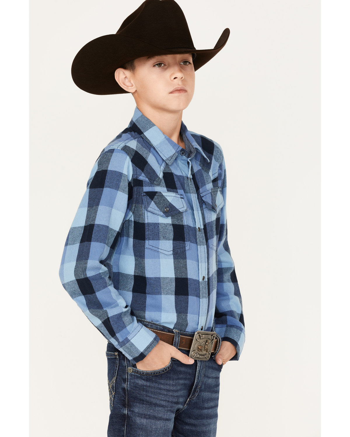 Boys' Plaid Print Long Sleeve Snap Western Flannel Shirt Navy