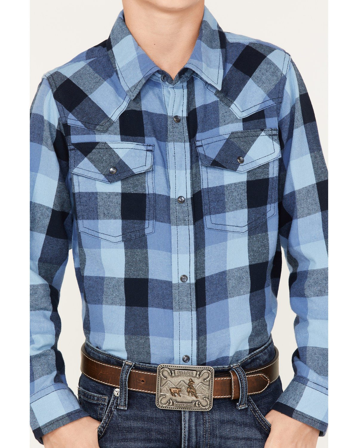 Boys' Plaid Print Long Sleeve Snap Western Flannel Shirt Navy