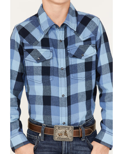 Boys' Plaid Print Long Sleeve Snap Western Flannel Shirt Navy