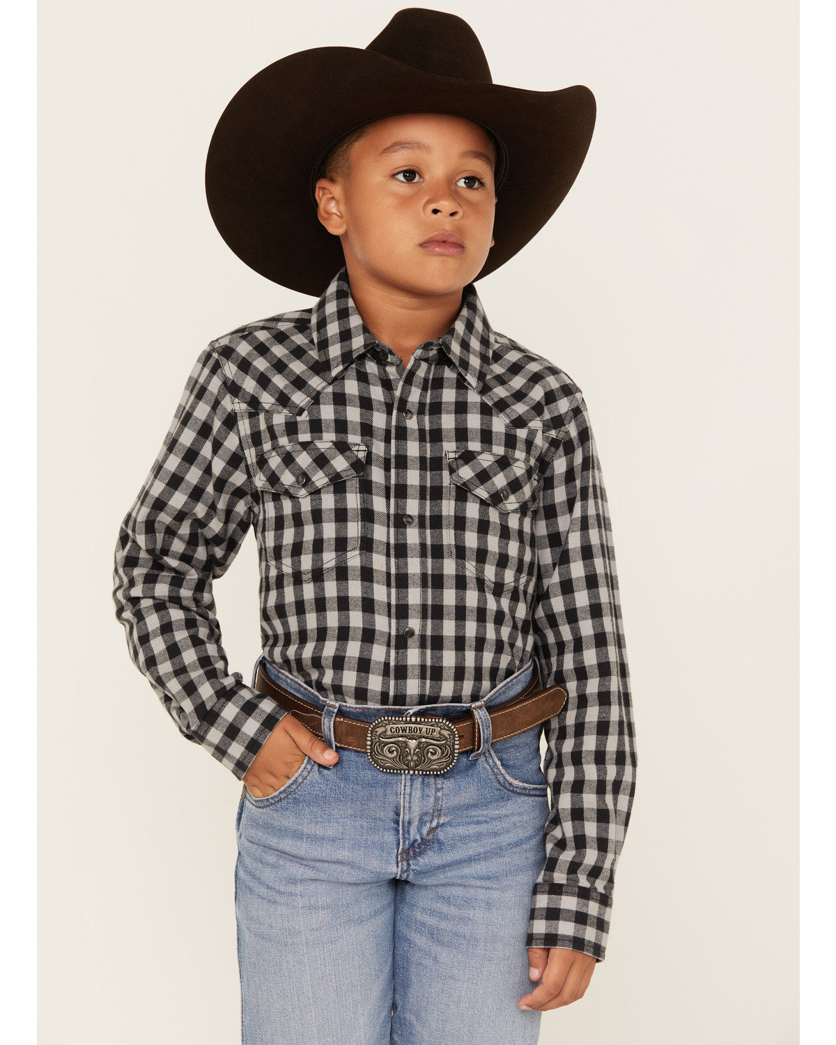Boys' Gingham Print Long Sleeve Snap Western Flannel Shirt Blue