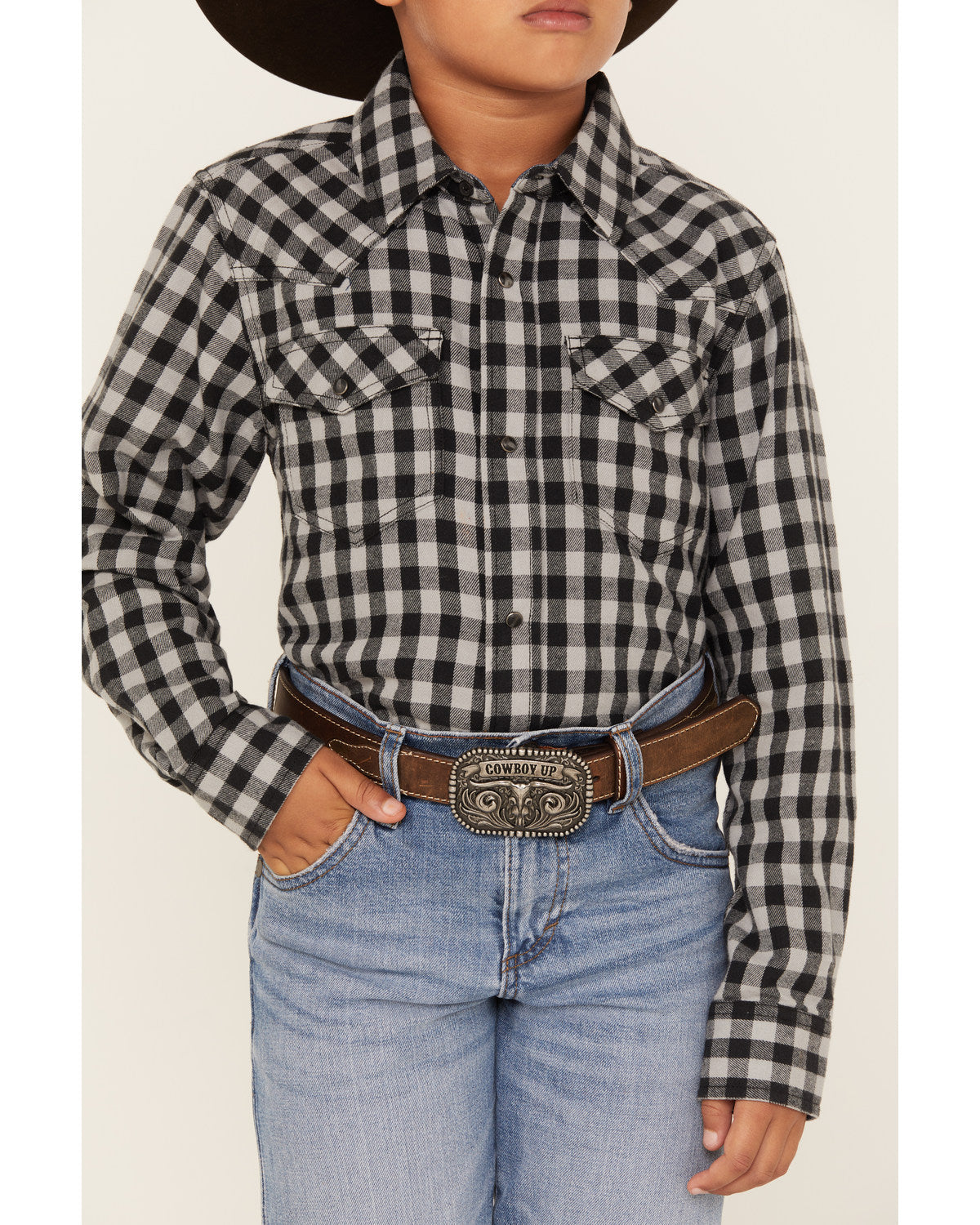 Boys' Gingham Print Long Sleeve Snap Western Flannel Shirt Blue