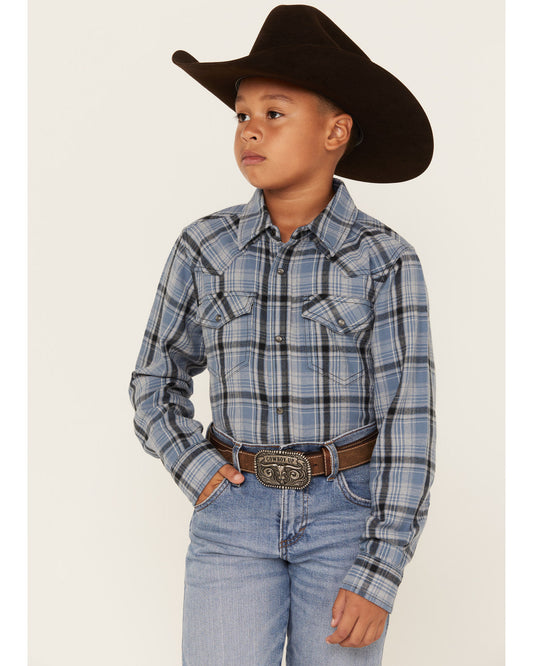 Boys' Plaid Print Long Sleeve Snap Western Flannel Shirt Blue