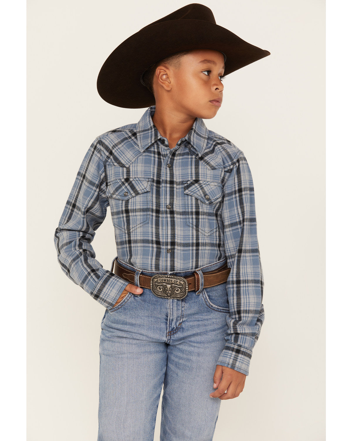 Boys' Plaid Print Long Sleeve Snap Western Flannel Shirt Blue