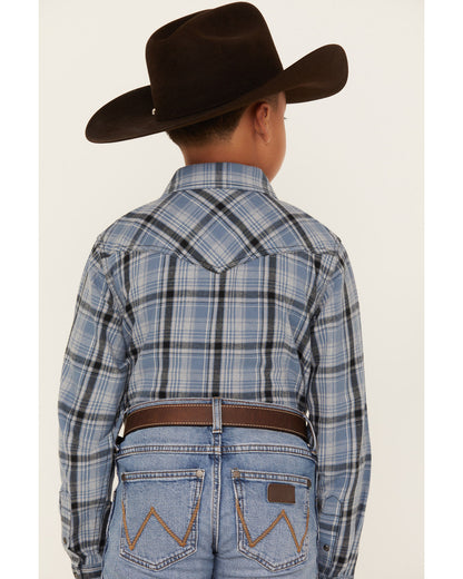 Boys' Plaid Print Long Sleeve Snap Western Flannel Shirt Blue