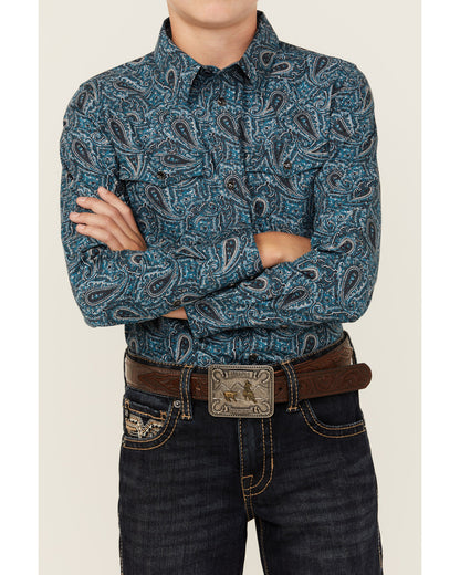Boys' Lasso Paisley Print Long Sleeve Snap Western Shirt Blue