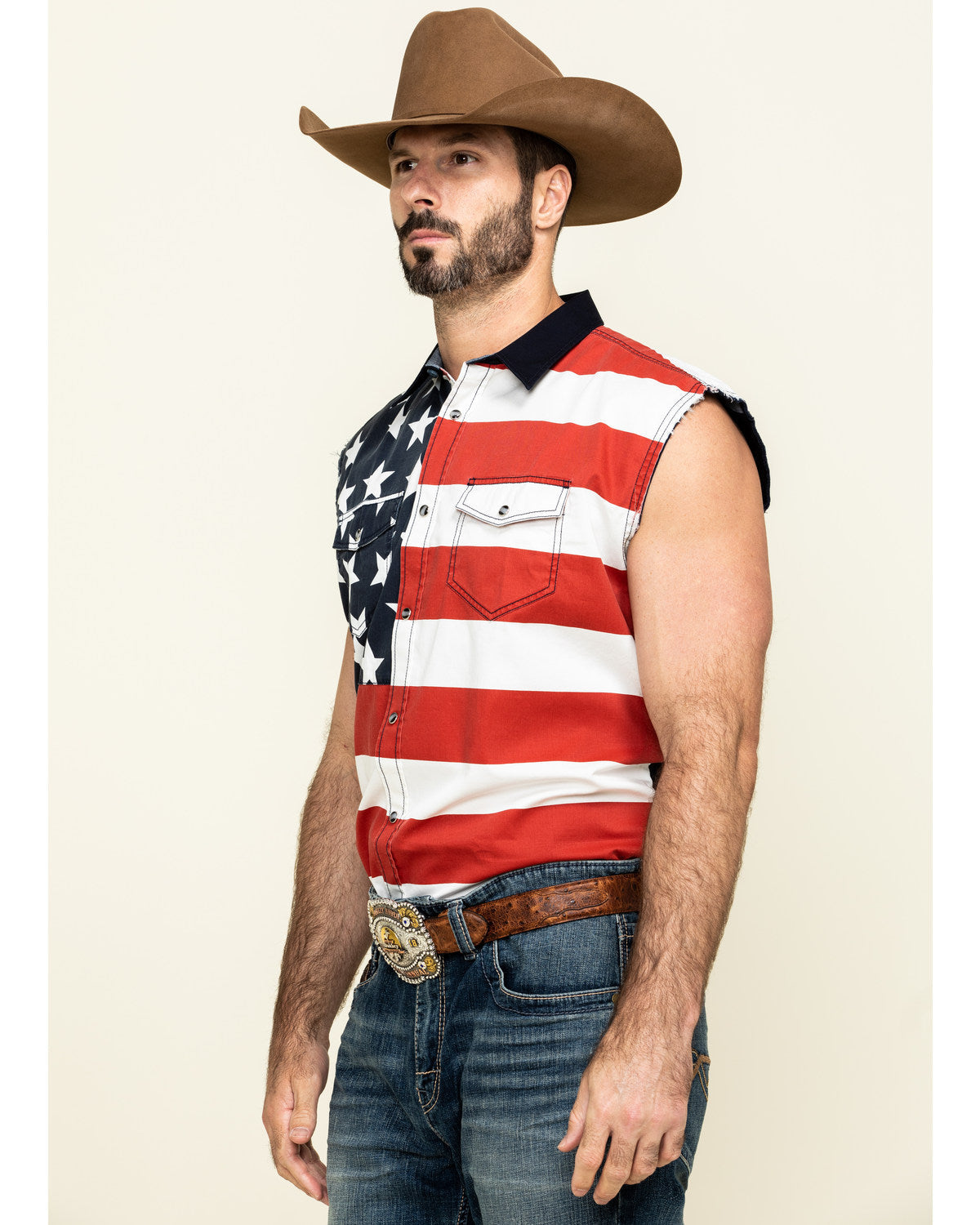 Men's American Flag Bubba Sleeveless Western Shirt Red