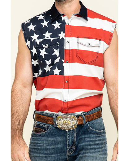 Men's American Flag Bubba Sleeveless Western Shirt Red