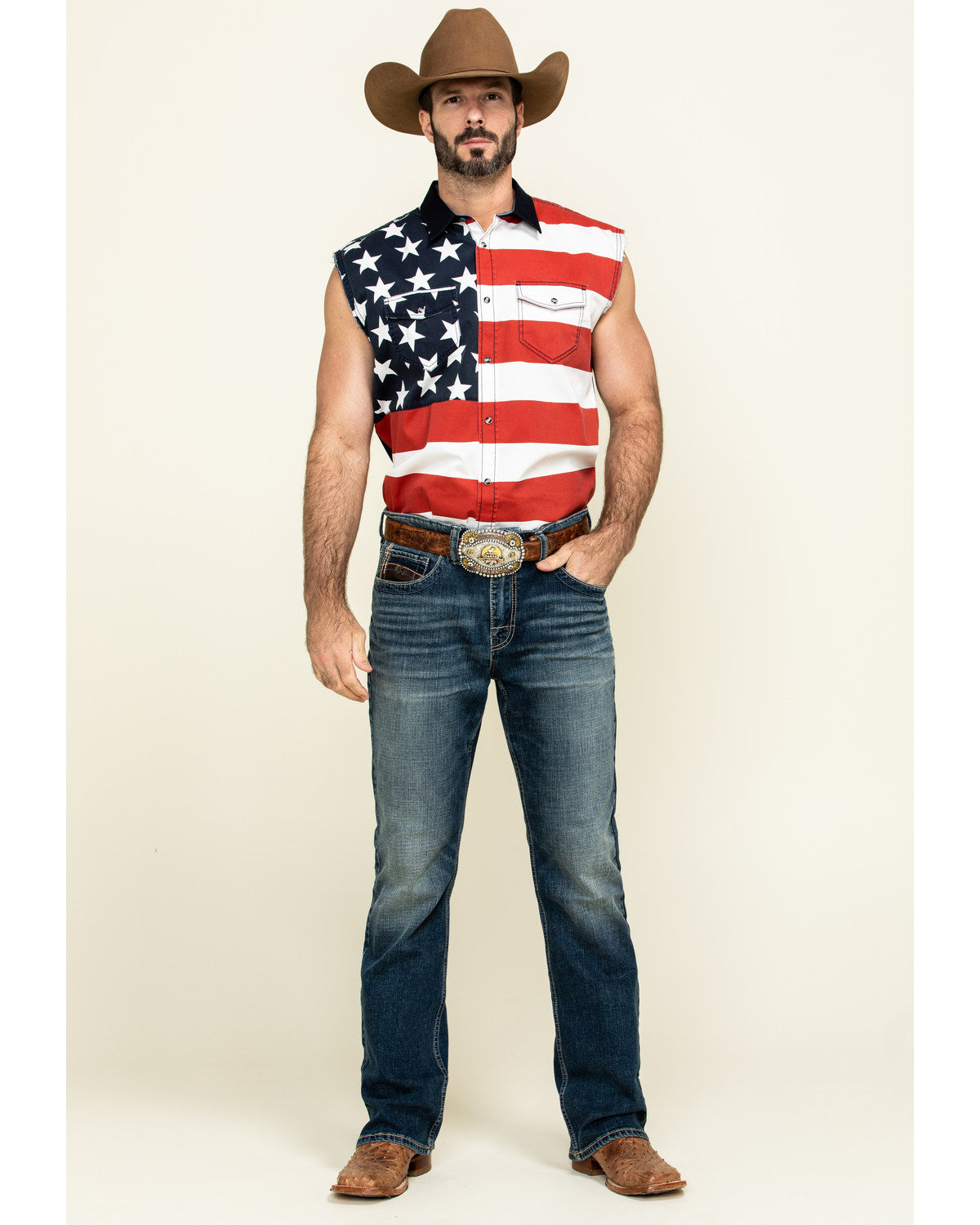 Men's American Flag Bubba Sleeveless Western Shirt Red