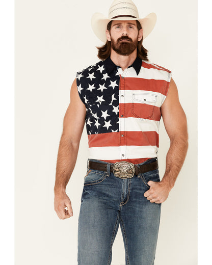 Men's American Flag Bubba Sleeveless Western Shirt Red