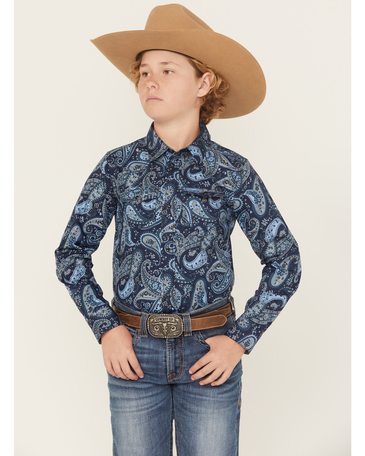 Boys' Westward Paisley Print Long Sleeve Snap Western Shirt Navy
