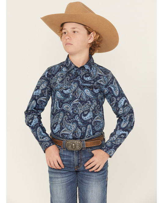 Boys' Westward Paisley Print Long Sleeve Snap Western Shirt Navy