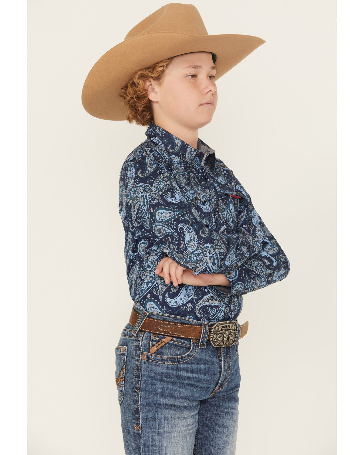 Boys' Westward Paisley Print Long Sleeve Snap Western Shirt Navy