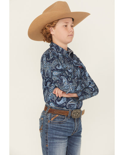 Boys' Westward Paisley Print Long Sleeve Snap Western Shirt Navy