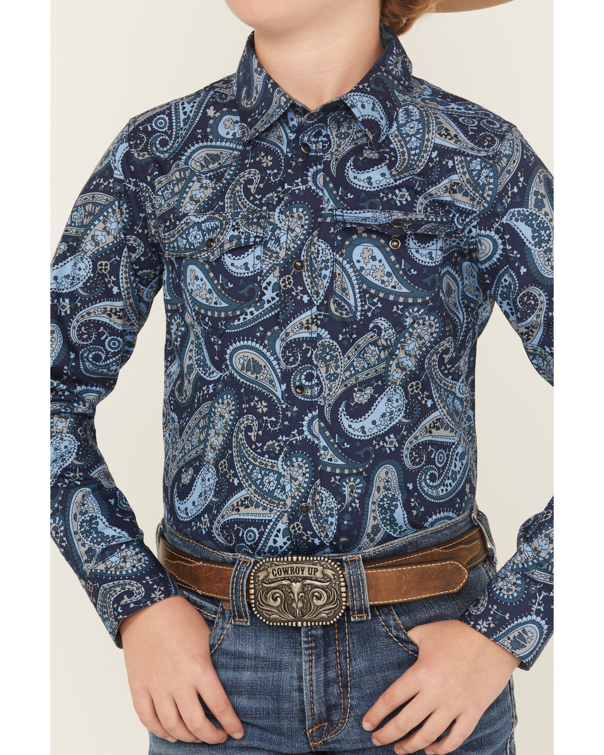 Boys' Westward Paisley Print Long Sleeve Snap Western Shirt Navy