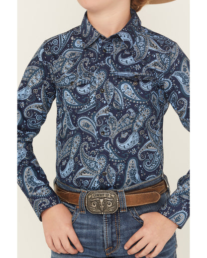 Boys' Westward Paisley Print Long Sleeve Snap Western Shirt Navy