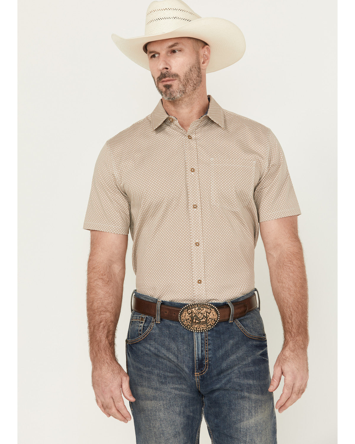 Men's Grill And Greet Geo Print Short Sleeve Button-Down St Tan