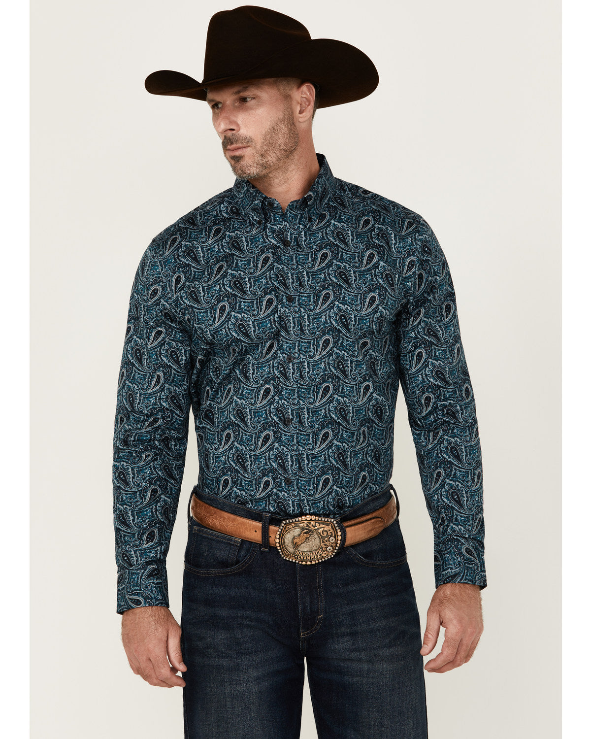 Men's Lasso Paisley Print Long Sleeve Button-Down Stretch W Blue