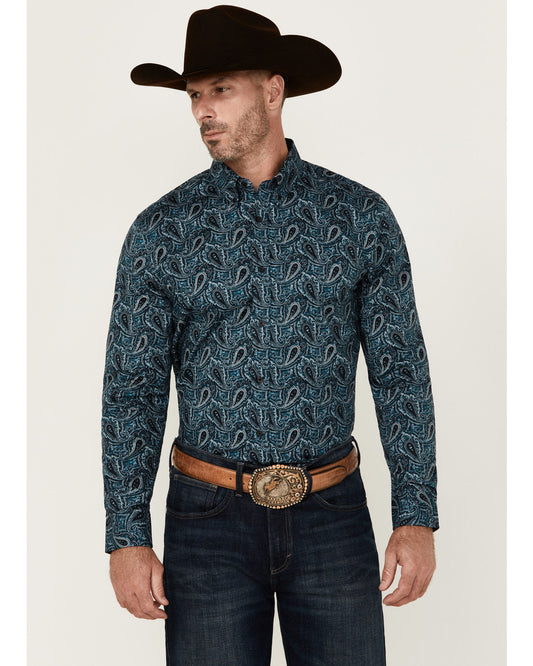 Men's Lasso Paisley Print Long Sleeve Button-Down Stretch W Blue