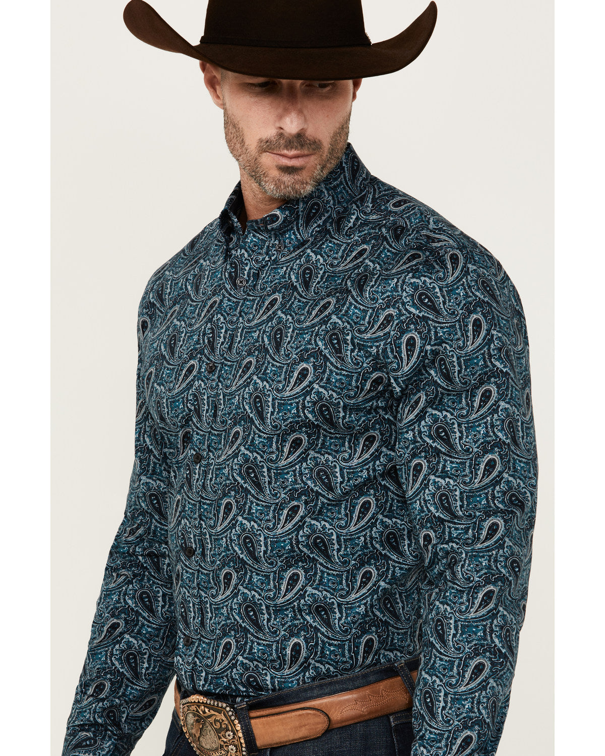 Men's Lasso Paisley Print Long Sleeve Button-Down Stretch W Blue