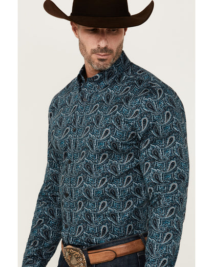 Men's Lasso Paisley Print Long Sleeve Button-Down Stretch W Blue
