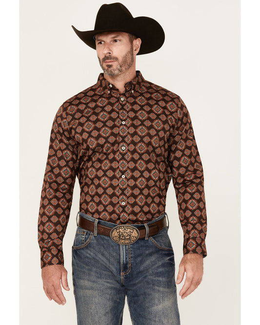 Men's Bite The Bullet Southwestern Print Long Sleeve Button Brown