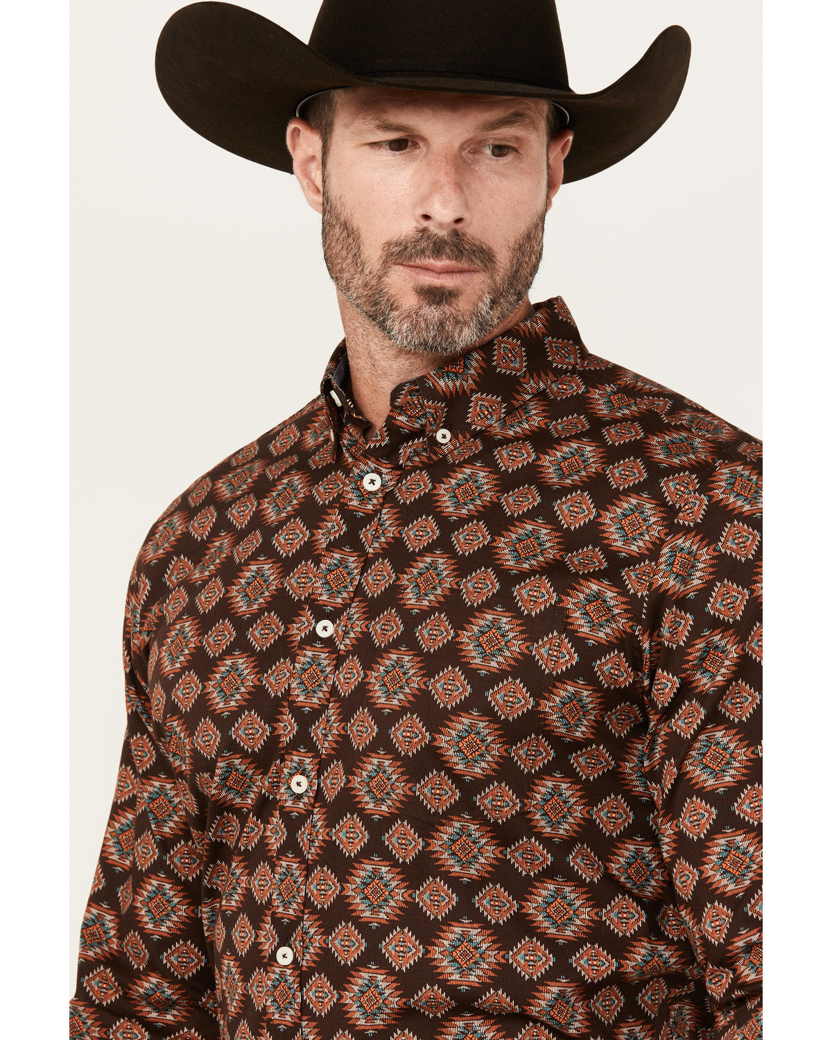 Men's Bite The Bullet Southwestern Print Long Sleeve Button Brown