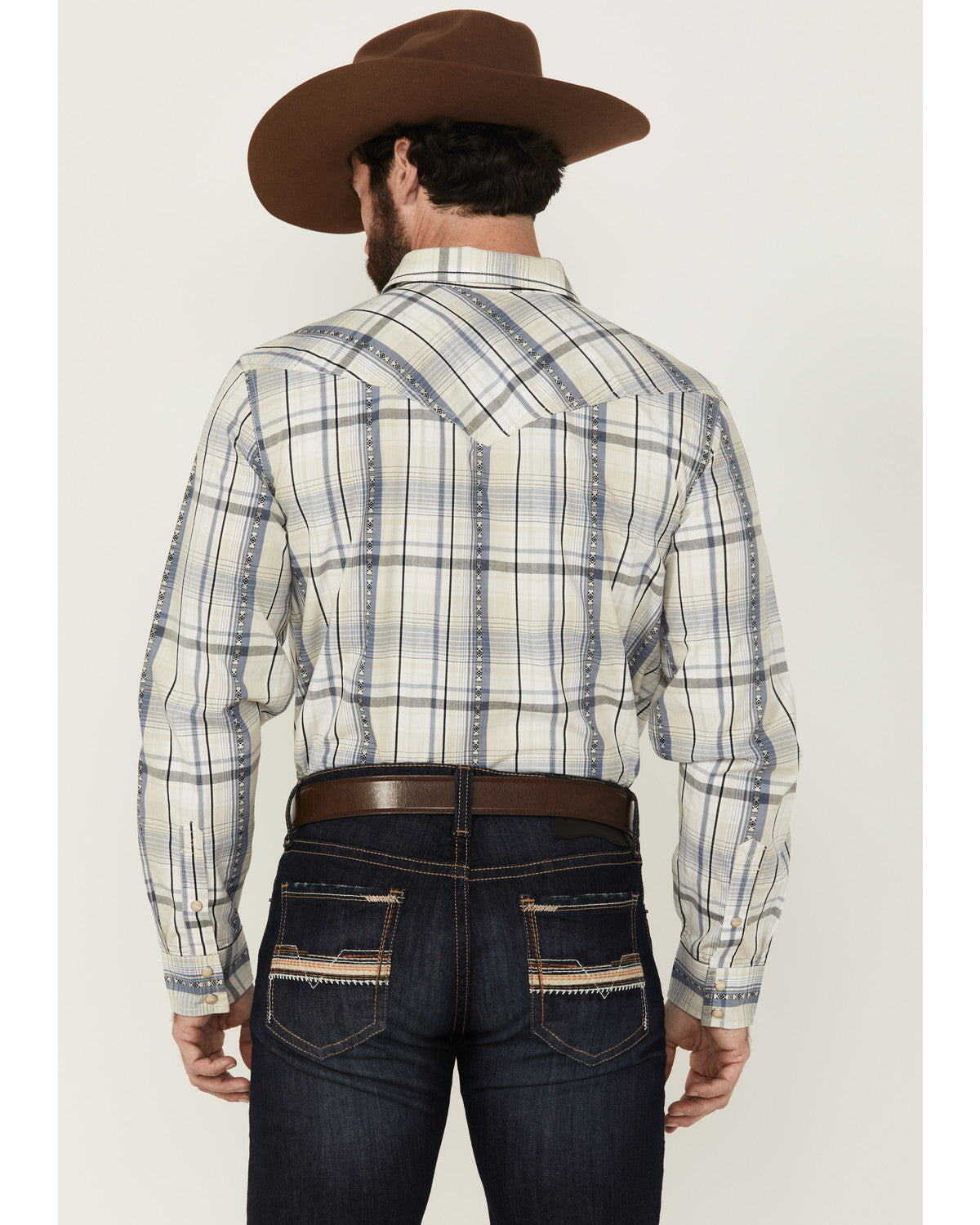 Men's Western Wind Plaid Print Long Sleeve Snap Western Shi Cream