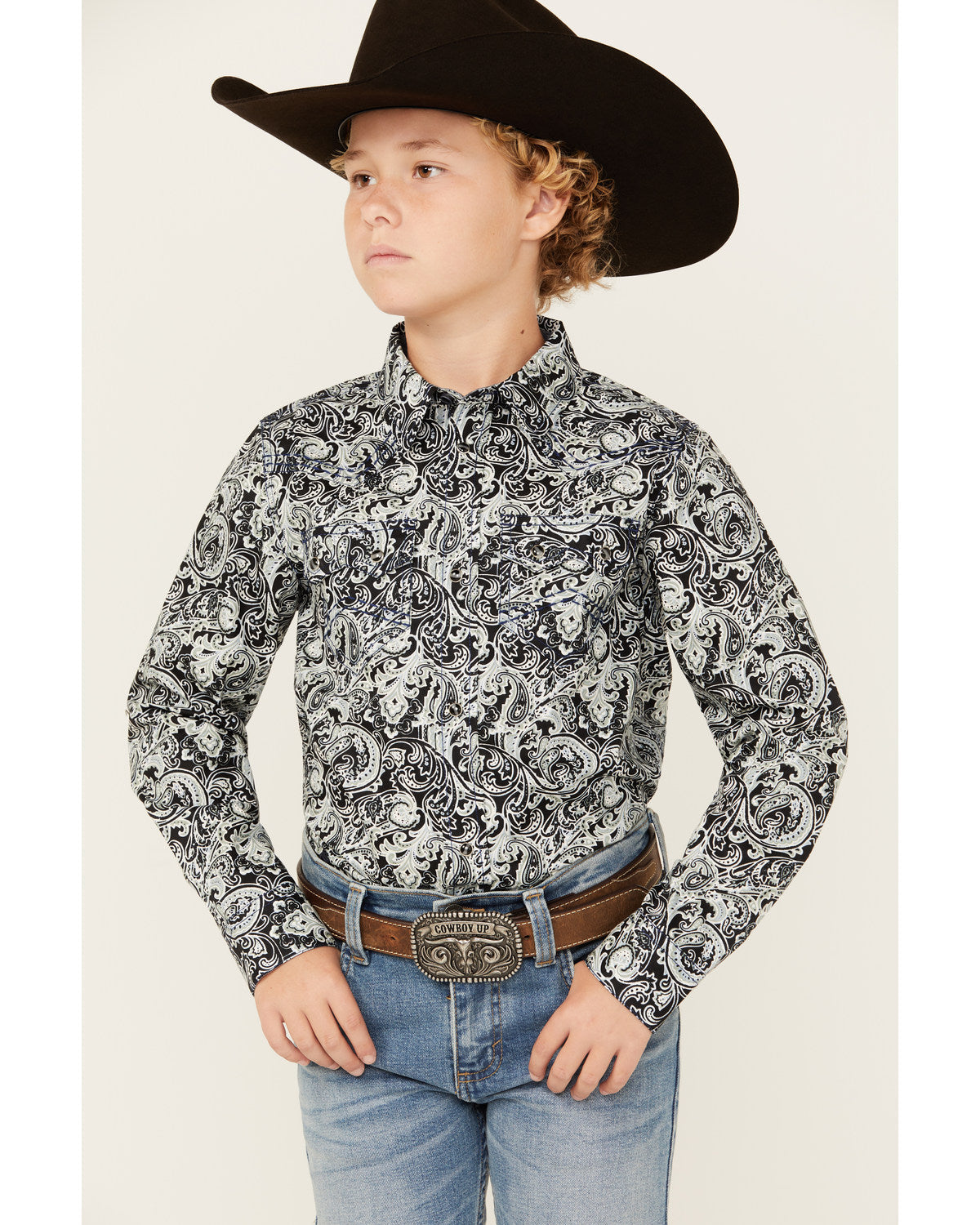 Boys' Showdown Paisley Print Long Sleeve Snap Western Shirt Navy