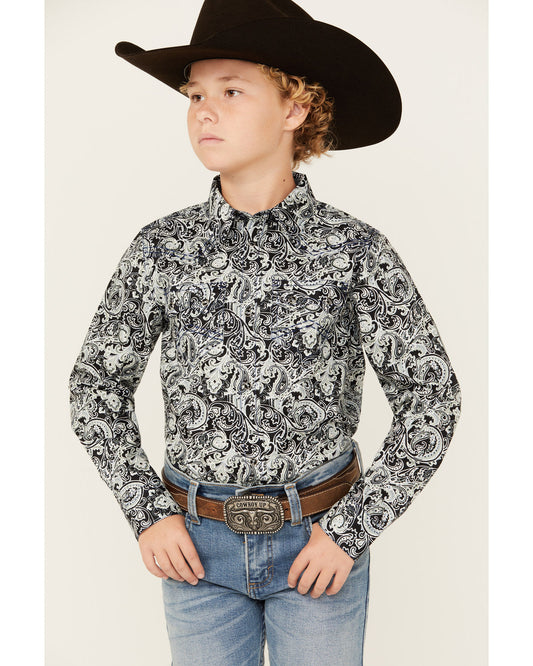 Boys' Showdown Paisley Print Long Sleeve Snap Western Shirt Navy