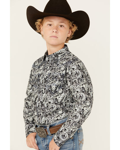 Boys' Showdown Paisley Print Long Sleeve Snap Western Shirt Navy