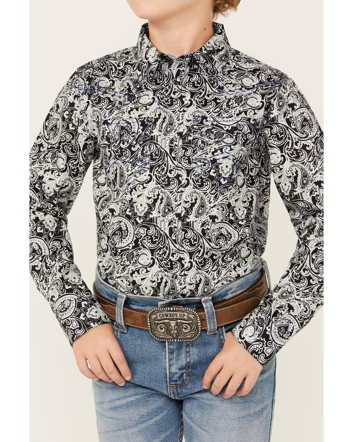 Boys' Showdown Paisley Print Long Sleeve Snap Western Shirt Navy
